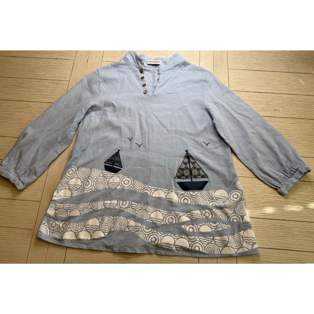 Miss Look Boat Sea Cotton Gauze Lightweight Blue Tunic Sz L 3/4 Sleeve Coastal